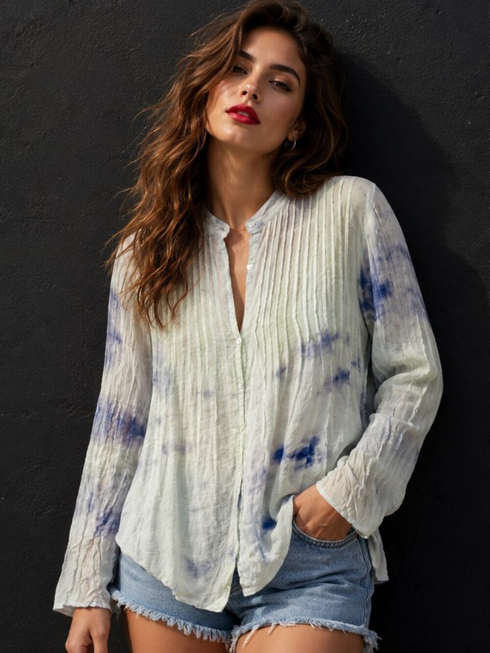 Soft Surroundings Blouse Tie Dye Pleated Green Blue Size Medium Top Long Sleeve